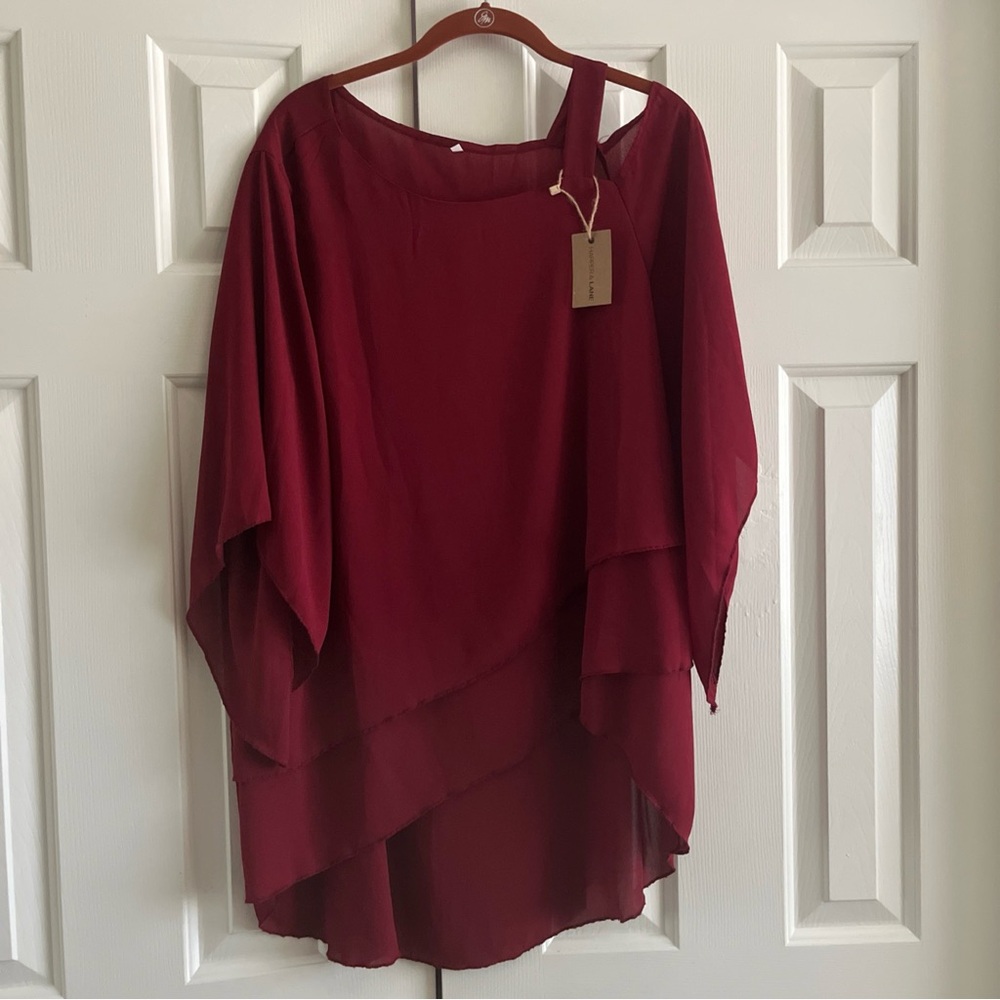 NWT Harper & Lane Wine Red Blouse Boho Festival Gypsy Asymmetric Hem Size Large